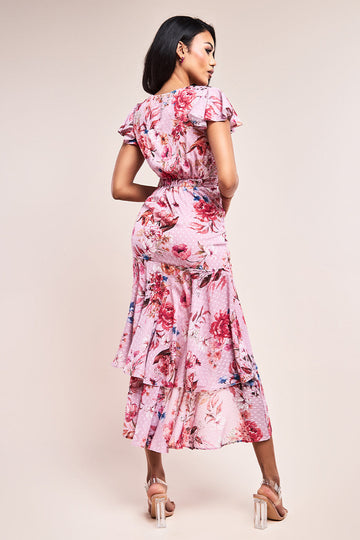 Printed Wrap High And Low Tier Dress Goddiva